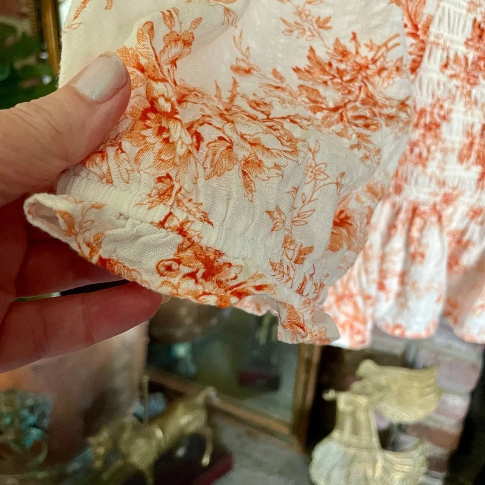LOFT Orange Smocked Floral Peplum Blouse Puff Sleeve Cottagecore Resort Retro